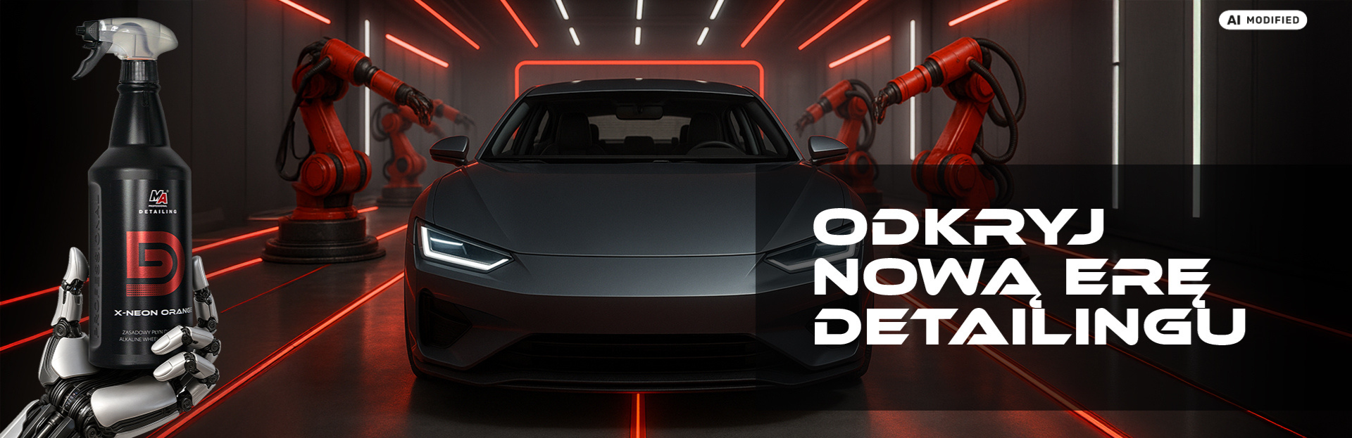 Baner MA Detailing z samochodem, produktem X-Neon Orange i hasłem „Odkryj nową erę detailingu”.